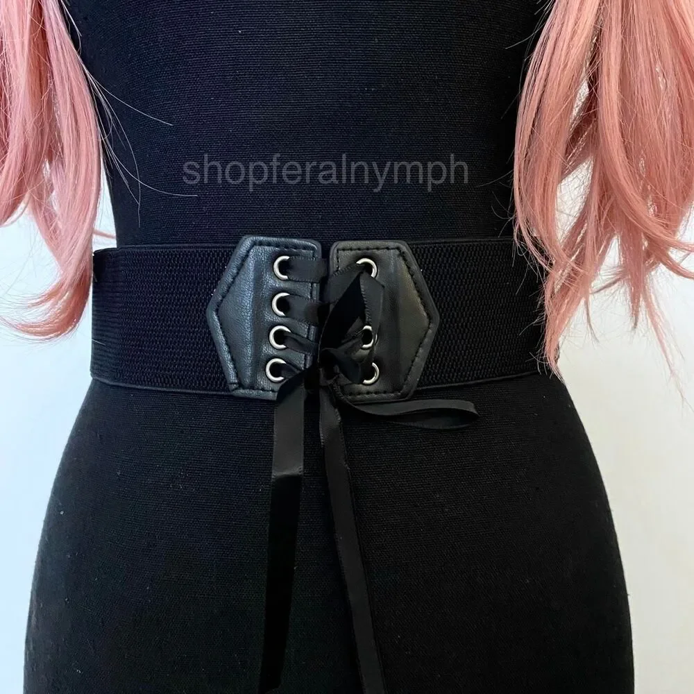 Black Y2K Lace Up Corset Stretch Wide Waist Belt, Fits Up to 27 Inches, X7GA1312